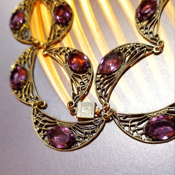 Antique Art Deco Filigree Purple Paste Stone Necklace - Picture 6 of 8
